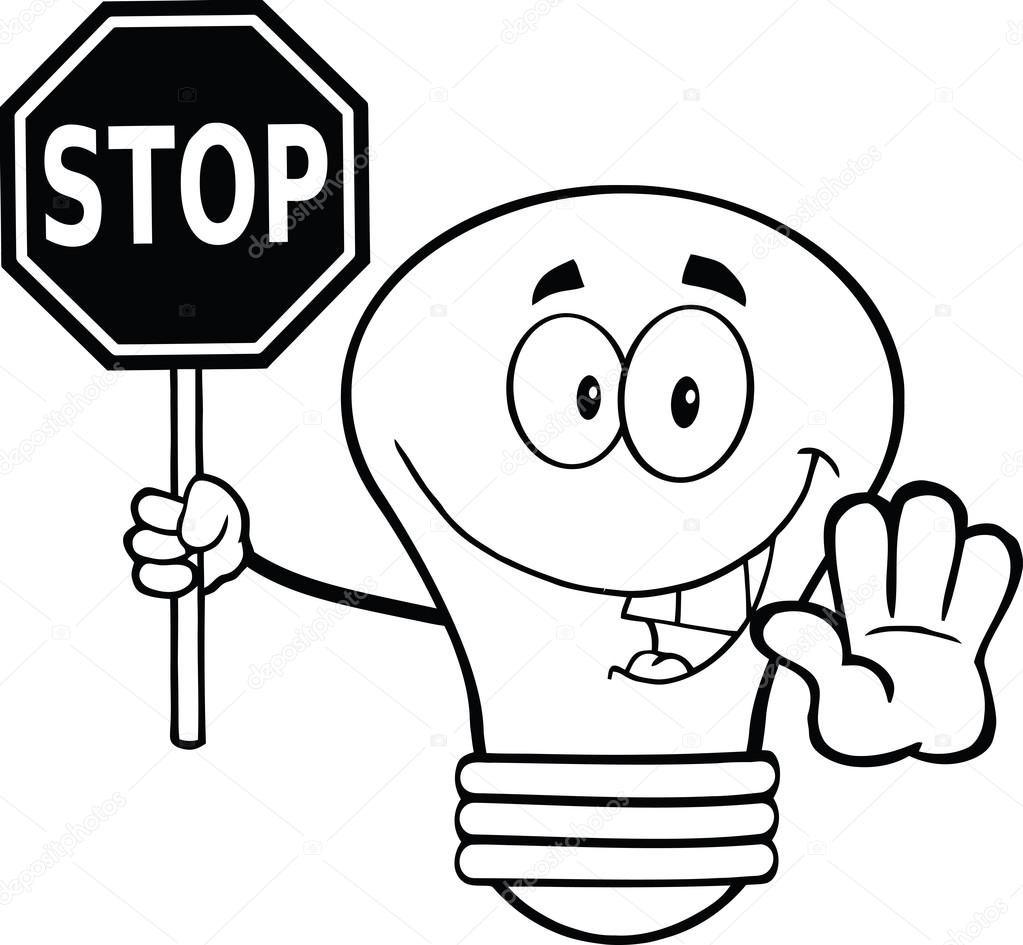 Lampadina delineato personaggio dei cartoni animati con un cartello di stop — Foto di HitToon