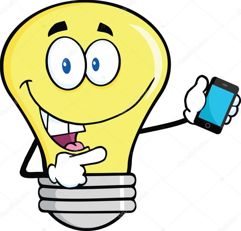 Light Bulb Character Holding A Mobile Phone