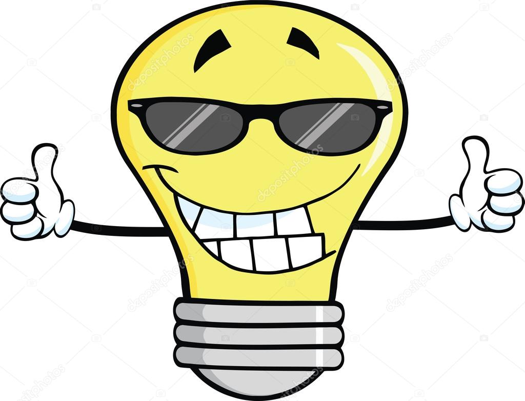 Smiling Light Bulb With Sunglasses Giving A Double Thumbs Up