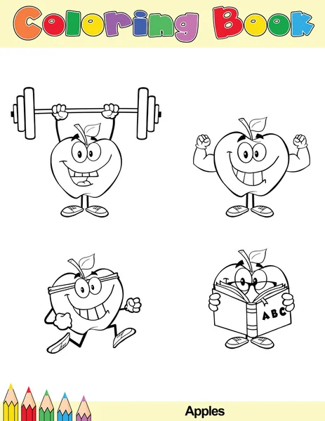 Coloring Book Page Apples Character 2 — Stock Photo, Image