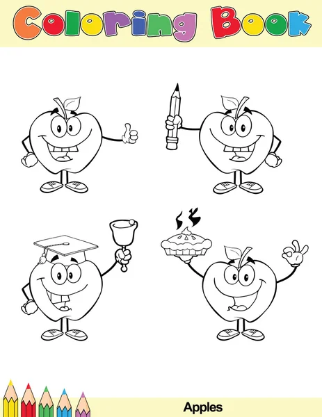 Coloring Book Page Apples Character 4 — Stock Photo, Image