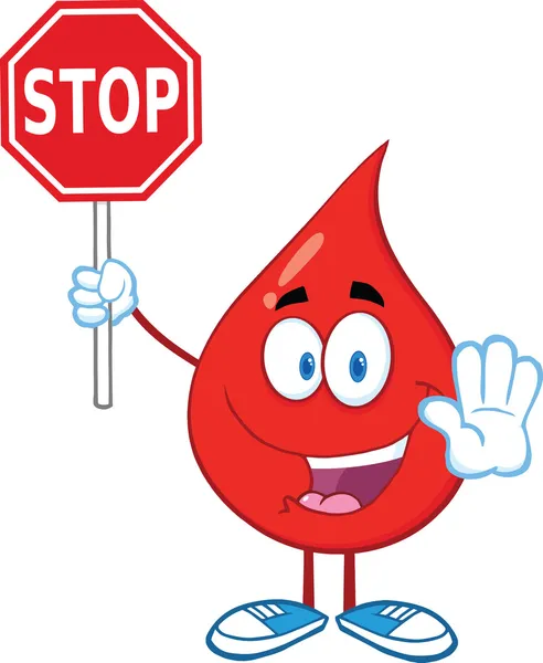Röd blod droppa karaktär med en stop skylt — Stockfoto