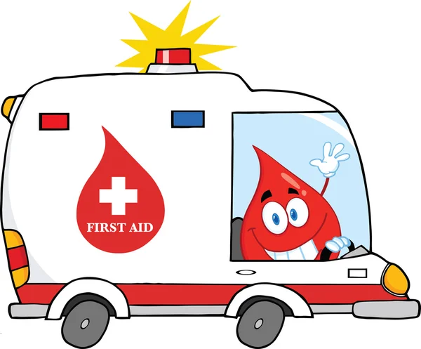 Ambulans araba kırmızı kan damla karakter — Stok fotoğraf