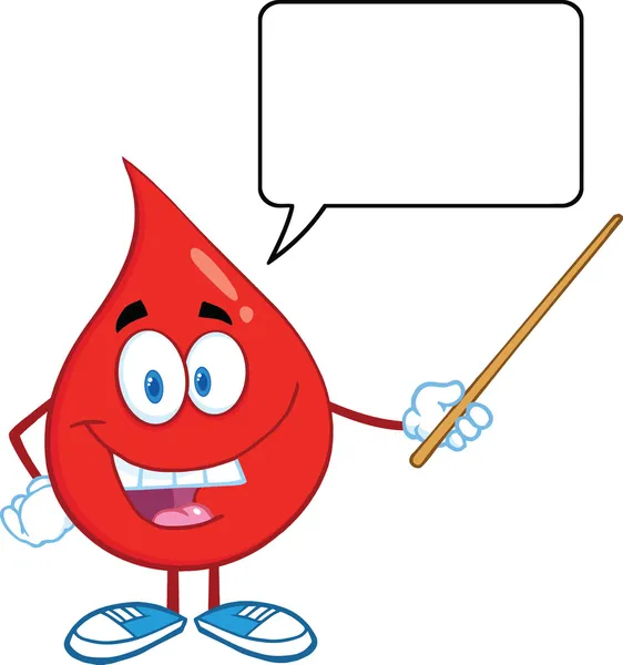 Red Blood Drop Character Holding A Pointer With Speech Bubble — Stock Photo, Image