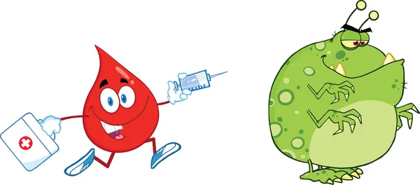 Personaje de gota de sangre roja persiguiendo con un germen o virus de la jeringa —  Fotos de Stock