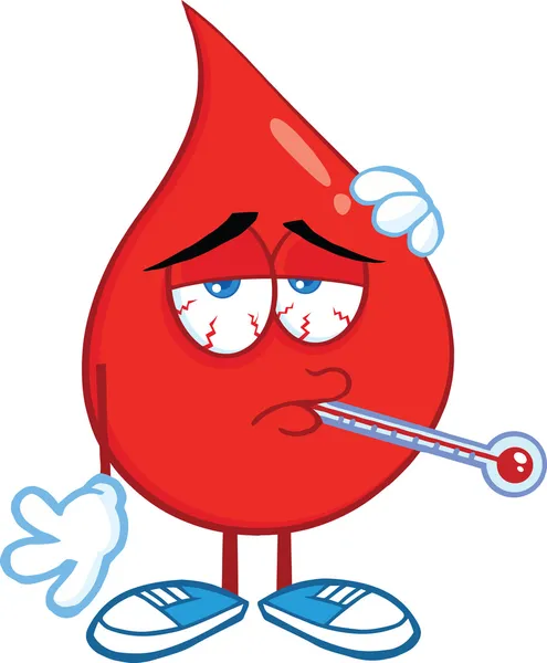 Άρρωστος αίμα σταγόνα χαρακτήρα με θερμόμετρο — Φωτογραφία Αρχείου
