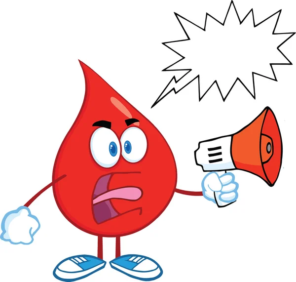 Angry Red Blood Drop Character Screaming into Megaphone with Speech Bubble — стоковое фото