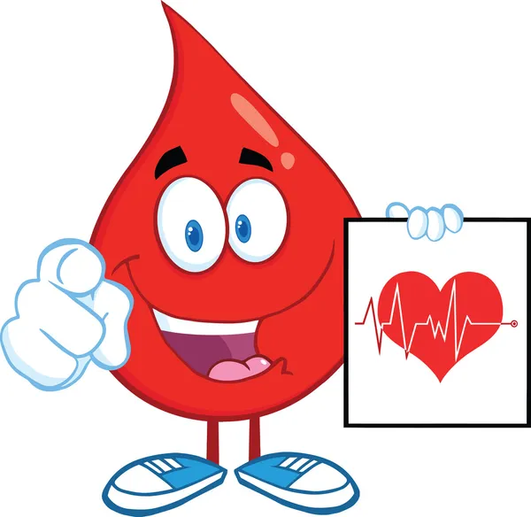 Roter Blutstropfen, der mit dem Finger zeigt und Ecg-Diagramm auf rotem Herzen präsentiert — Stockfoto