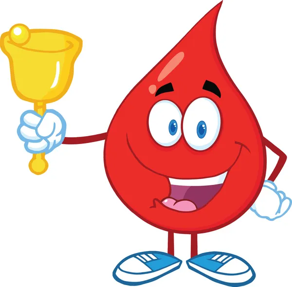 Carácter de gota de sangre roja agitando una campana para la donación — Foto de Stock