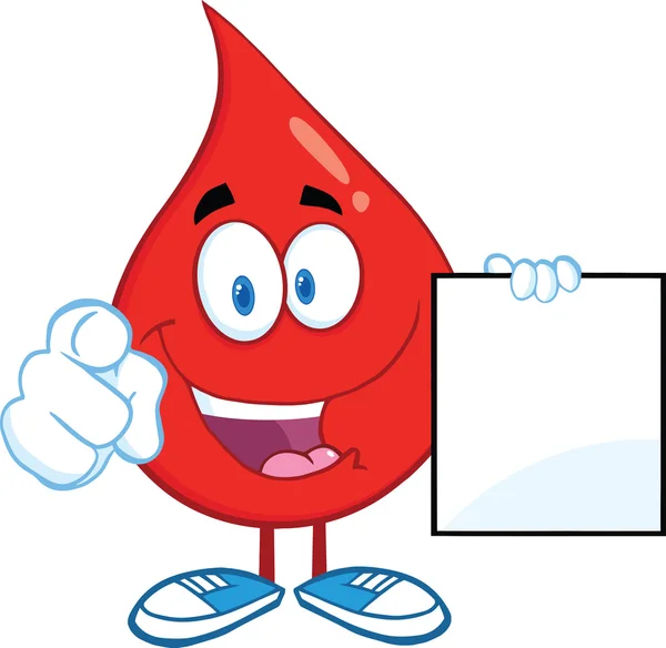 Red Blood Drop Character Pointing with Finger and holding a blank page — стоковое фото