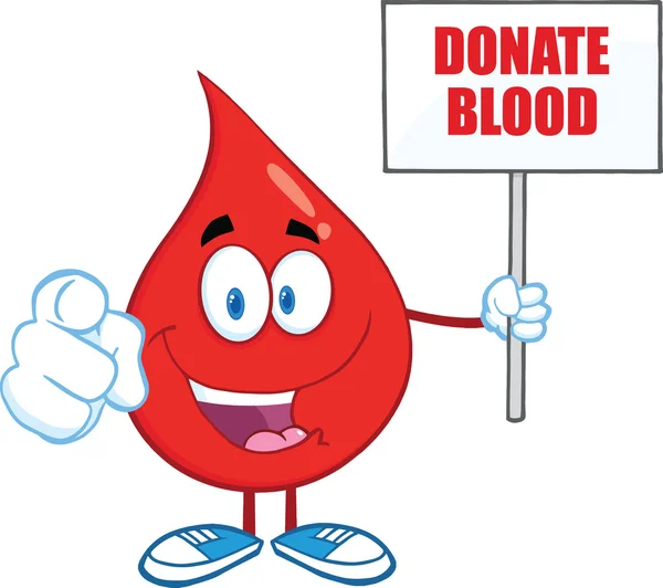 Red Blood Drop Character Holding Up A Blank Sign With Text — Stock Photo, Image