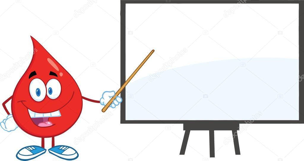 Red Blood Drop Character With Pointer Presenting On A Board