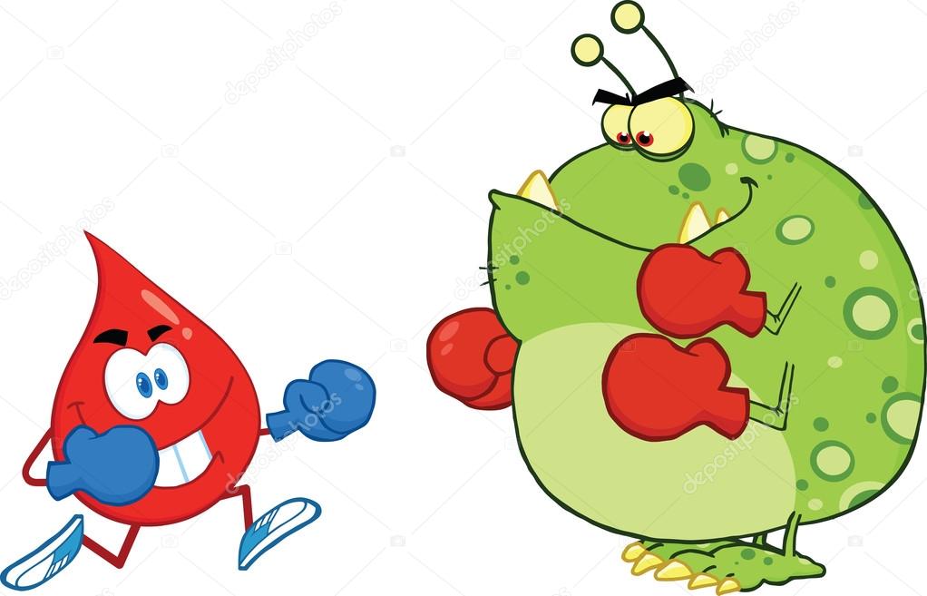 Red Blood Drop Character Fighting With Germ Or Virus