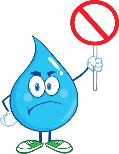 Caráter de desenhos animados de gota de água irritado segurando um sinal proibido — Fotografia de Stock