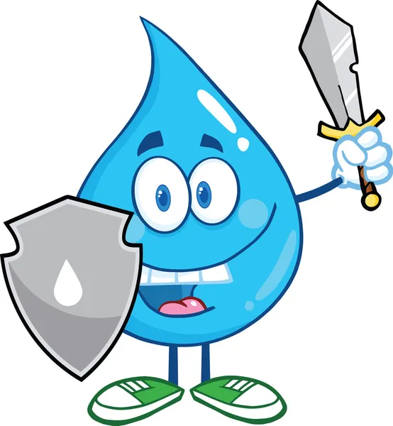 Water drop cartoon guarder met schild en zwaard — Stockfoto