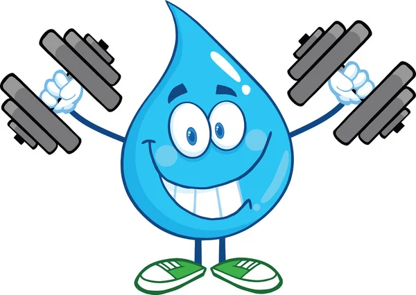 Water Drop Cartoon Mascot Character Training With Dumbbells — Stock Photo, Image