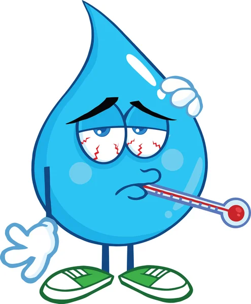 Caráter de gota de água doente com termômetro — Fotografia de Stock