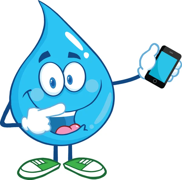 Water Drop Character Pointing To A Mobile Phone — Stock Photo, Image