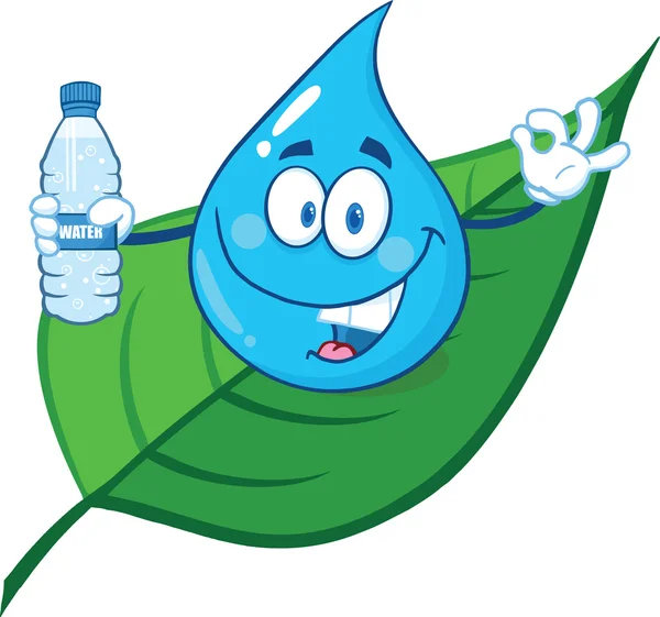 Smiling Water Drop On A Leaf Showing Water Bottle — Stok Foto