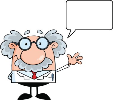 komik bilim adamı ya da gülümseyerek ve tebrik ile konuşma balonu için sallayarak Profesör