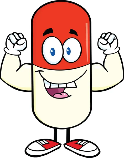 Pillola capsula Cartone animato personaggio mostrando braccia muscolari — Foto Stock