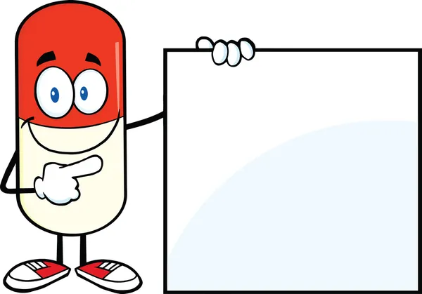 Pílula Cápsula Personagem dos desenhos animados Mostrando um sinal em branco — Fotografia de Stock