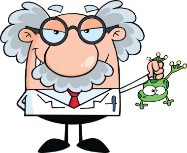 çılgın bilim adamı veya bir kurbağa tutan Profesör gülümseyen