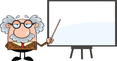İşaretçi bir tahta üzerinde sunulması ile komik Profesör