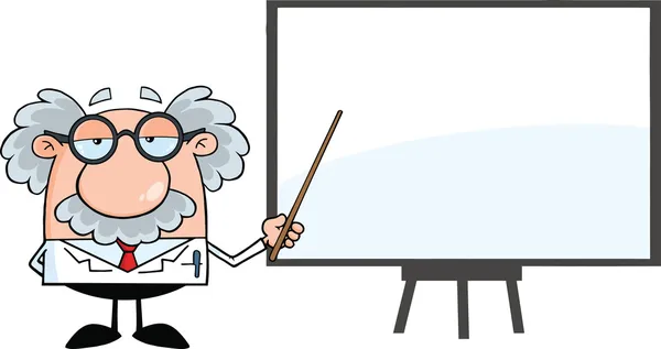 Grappige wetenschapper of professor met aanwijzer presenteren op een bord — Stockfoto
