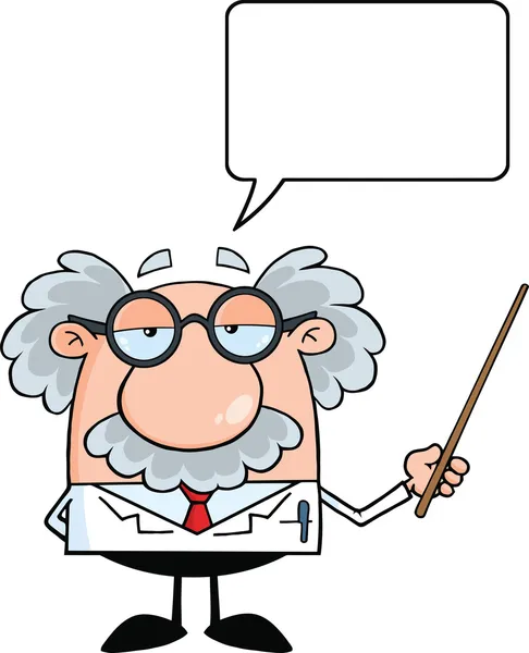 Funny Scientist Or Professor Holding A Pointer With Speech Bubble — Stock Photo, Image