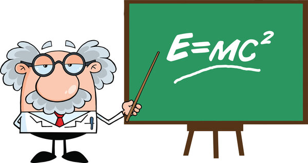 Забавный ученый или профессор, представляющий формулу Эйнштейна
