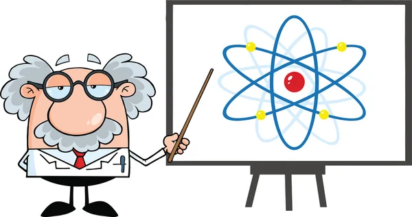 Scientifique drôle ou professeur avec pointeur présentant un diagramme atome — Photo