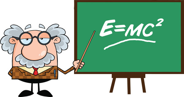 Профессор с указателем представляет формулу Эйнштейна
