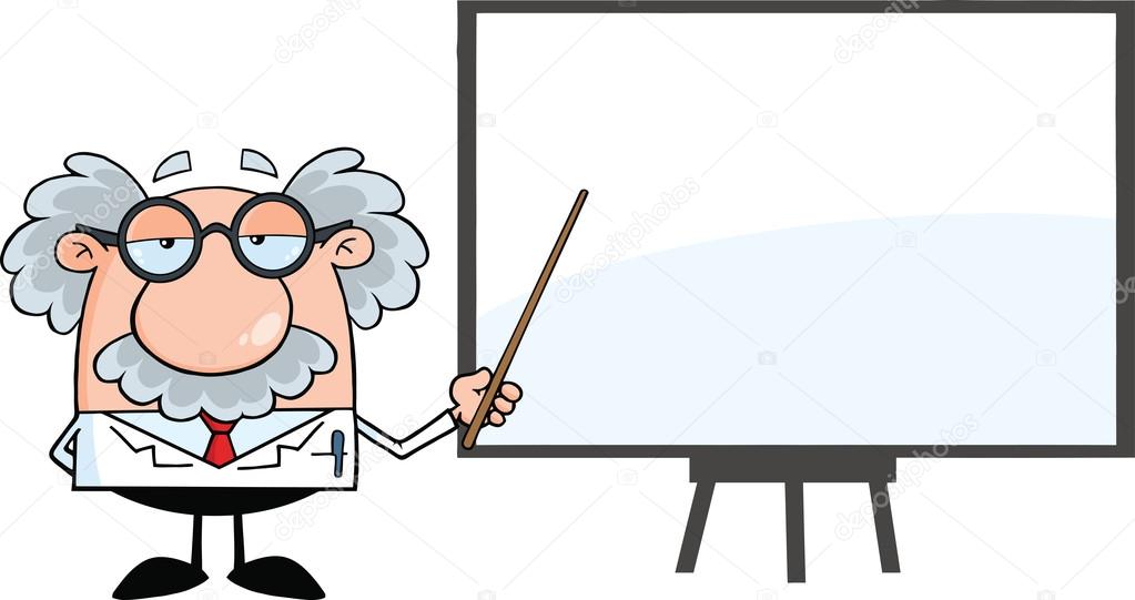 Funny Scientist Or Professor With Pointer Presenting On A Board