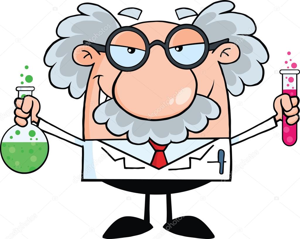 Mad Scientist Or Professor Holding A Bottle And Flask With Fluids