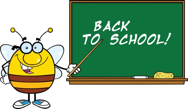 Pudgy Bee Character With Glasses With A Pointer In Front Of Blackboard — Stock Photo, Image