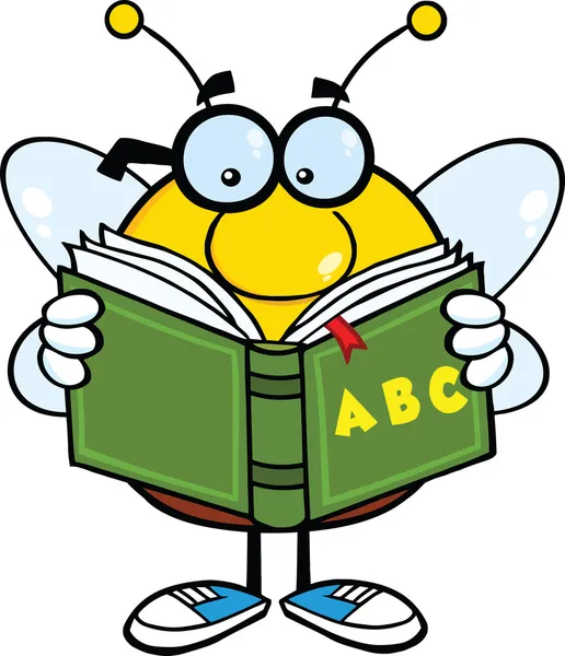 Pudgy Bee Cartoon Character With Glasses Reading A ABC Book — Stock Photo, Image