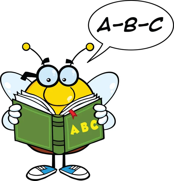 Пухлый пчела мультипликационный персонаж, читая книгу ABC — стоковое фото