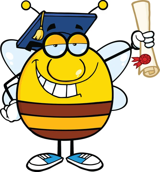 Sonriente Pudgy Bee personaje de dibujos animados graduado sosteniendo un diploma — Foto de Stock