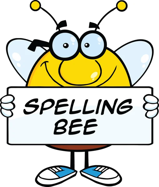 Smiling Pudgy Bee Cartoon Character Holding A Banner With Text — Stock Photo, Image