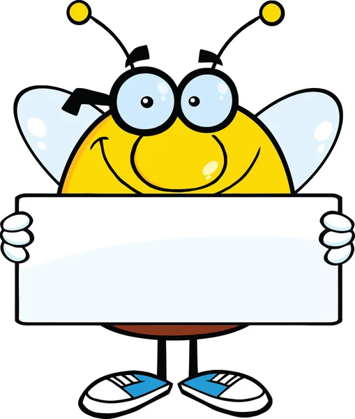 Gülümseyen bir afiş tutarak tıknaz arı çizgi film karakteri — Stok fotoğraf