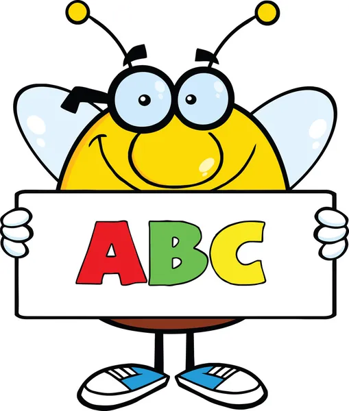 Smiling Pudgy Bee Character Holding A Banner With Text ABC — Stock Photo, Image