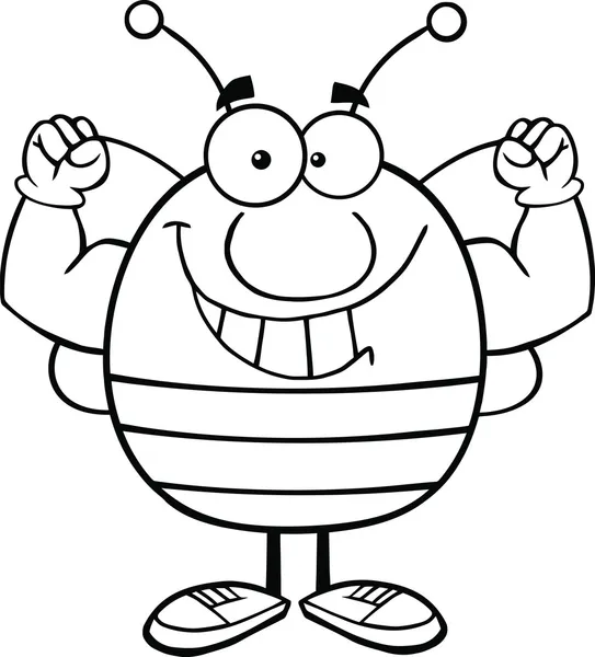 Μαύρο και άσπρο κοντόχονδρος μέλισσα χαρακτήρα κινουμένων σχεδίων που δείχνει μυς του βραχίονα — Φωτογραφία Αρχείου
