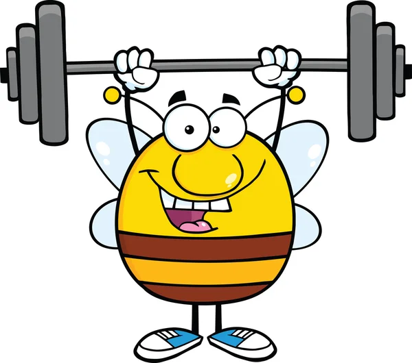 Pudgy Bee Cartoon Mascot Character Lifting Weights — Stock Photo, Image