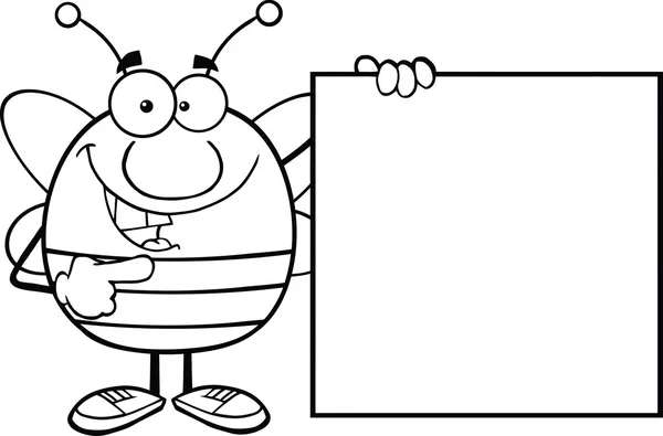 Boş bir işaret gösteren siyah-beyaz tıknaz arı çizgi film karakteri — Stok fotoğraf