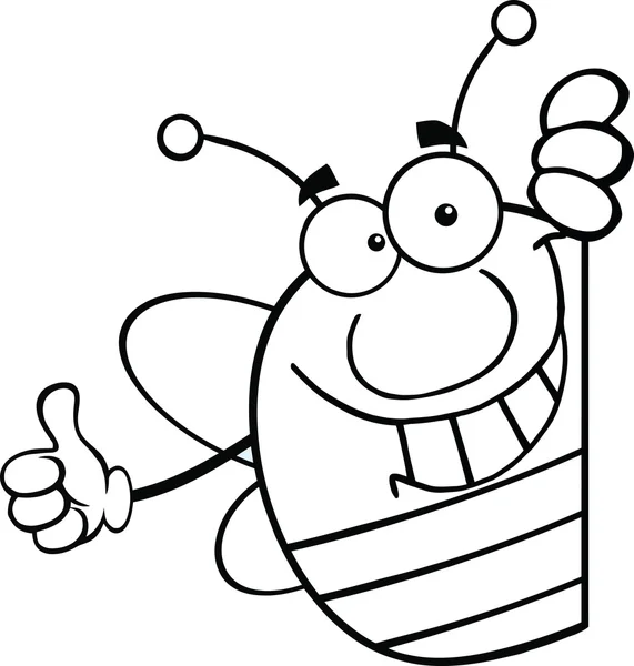 Negro y blanco pudgy abeja carácter dando un pulgar hacia arriba detrás de un signo — Foto de Stock