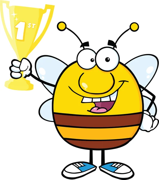 Pudgy Bee Character Holding First Prize Trophy Cup — Stock Photo, Image