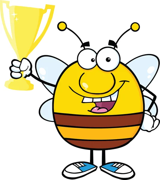 Pudgy Bee carácter celebración de oro trofeo Copa — Foto de Stock