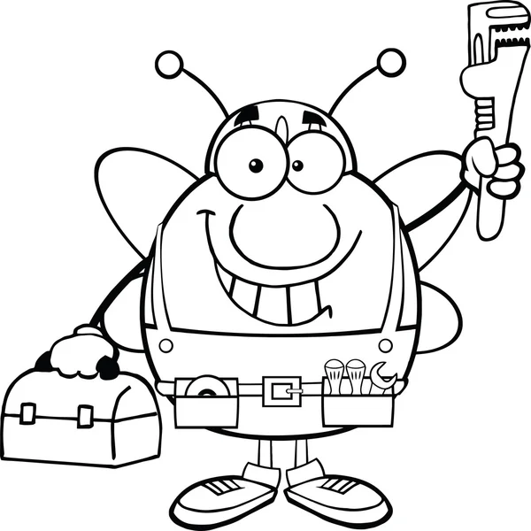 Black and White Pudgy Bee Plumber With Wrench and Tool Box — стоковое фото