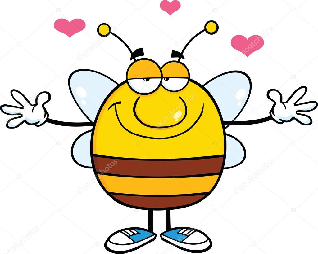 Smiling Pudgy Bee Cartoon Character With Open Arms For Hugging